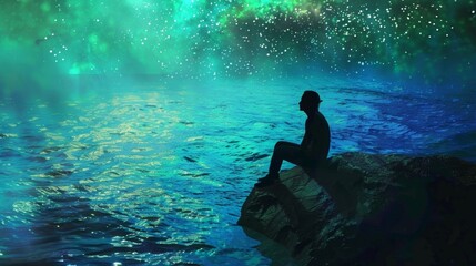 A person sits on a virtual rock their silhouette fading into the shimmering blue and green hues of the digital ocean lost in thought . .