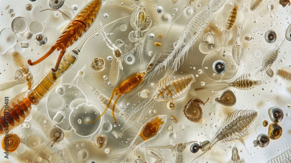 Poster a sample of pond water under the microscope revealing a diverse array of parasitic larvae some with 