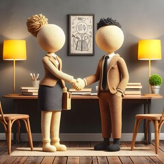 ai generated company business cooperation 3D realistic a businessman couple doll Crochets figure shaking hands in office room background