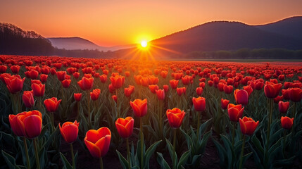 tulip field at sunset  high definition(hd) photographic creative image - obrazy, fototapety, plakaty