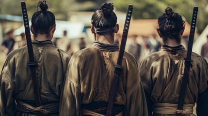 Three warriors stand in a line weapons at sides and eyes fixed on the tournament ahead. They have come from far . . - obrazy, fototapety, plakaty