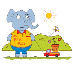 happy little elephant enjoy his toy on sunny day