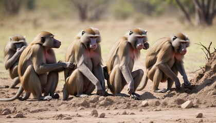 a-baboon-group-digging-for-roots-and-tubers-using- - obrazy, fototapety, plakaty