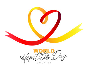 Calligraphy - World Hepatitis Day, July 28. Red and yellow ribbon of awareness folded in the shape of a heart. Inflammatory liver disease.