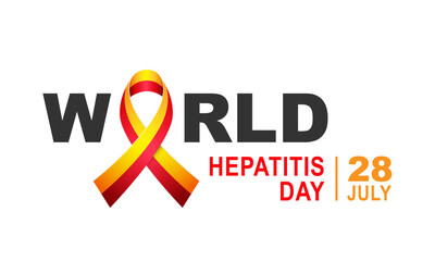 The word WORLD. Striped red and yellow awareness ribbon instead of the letter O in the word World. World Hepatitis Day. July 28th.