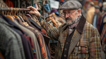A vendor sets up his stall for the day arranging an eclectic mix of vintage clothing and accessories. The racks are bursting with colors textures and decades of history waiting - obrazy, fototapety, plakaty