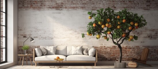 Inside the building, there is a living room with a stylish couch and a potted orange tree placed near a wooden facade