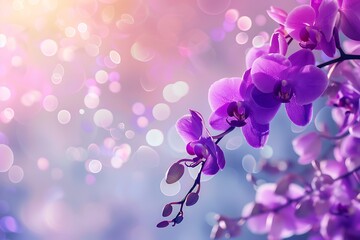 Beautiful purple orchid flowers with blurred gradient spring nature background image.