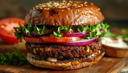 Delicious Veggie Burger with a Plant-Based Patty, Lettuce, Tomato, Onion, and Avocado, Served on a Whole Wheat Bun, Perfect for a Flavorful Vegetarian Meal