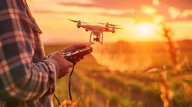 A farmer uses a to control a drone to spray medicine or chemicals on the fields, marking agricultural development.
