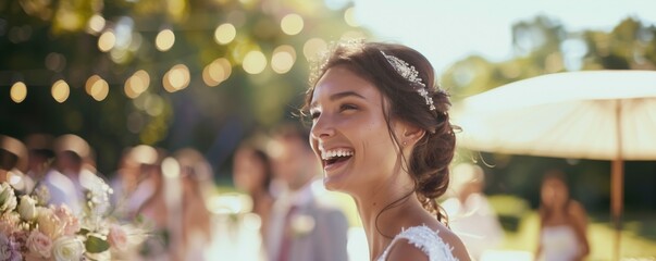 Highlight photo of a beautiful young bride smiling at her wedding reception party, snapshot of the happiness moment, copy space.