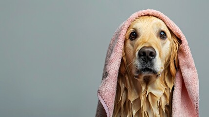 Cute golden retriever dog after bath looking at the camera, with towel wrapped around head after washing isolated on gray background with copy space.