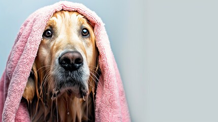 Cute golden retriever dog after bath looking at the camera, with towel wrapped around head after washing isolated on gray background with copy space.