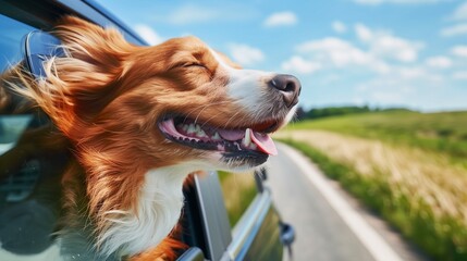 Happy traveling dog by a car, smiling doggy puppy loves spring wind, copy space.