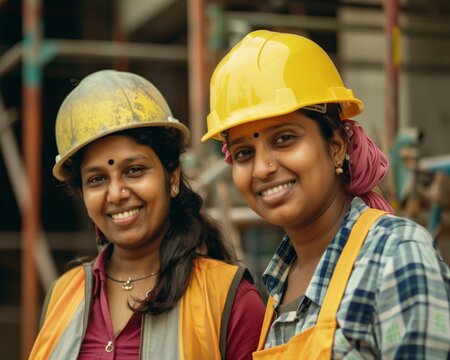 2 indian women as construction workers, wearing yellow safety helmets