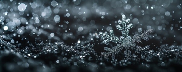 Crystal snowflakes on a black background for snow texture and winter holiday atmosphere.Christmas...