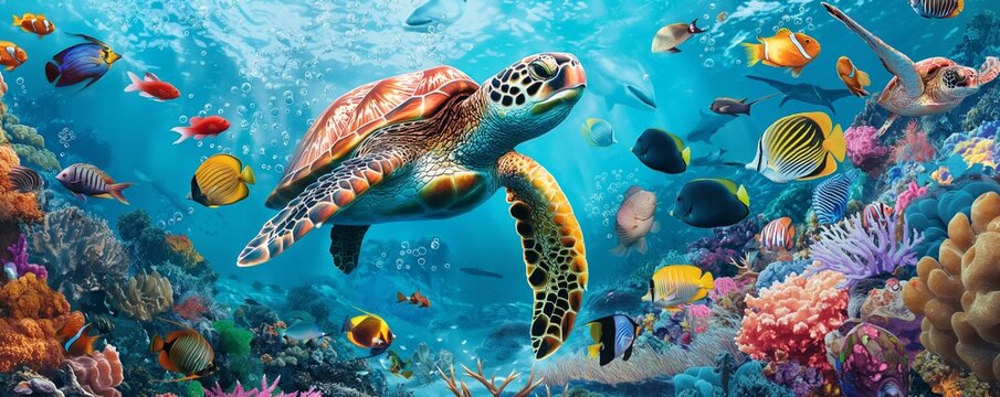 The world of under water, sea turtle swims under water surrounded with colorful fish on the background of coral reefs.