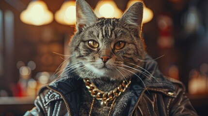  A cool cat in a jacket and a gold chain, Super realistic cat, Printing on a T-shirt, jacket, sweatshirt, Prints for clothes, Wallpaper, screensaver, Banner, AI - obrazy, fototapety, plakaty