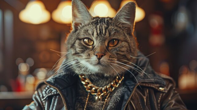  A cool cat in a jacket and a gold chain, Super realistic cat, Printing on a T-shirt, jacket, sweatshirt, Prints for clothes, Wallpaper, screensaver, Banner, AI