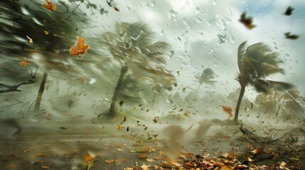 Leaves and debris swirl through the air caught in the powerful gusts of wind that accompany the fierce storm.