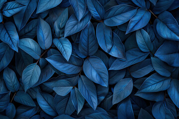 Blue Plant Leaves in Nature: Aesthetic Hyper Realistic Photography of Blue Leaves on Dark Blue Background - Top View Texture with Fall Season Vibes - obrazy, fototapety, plakaty