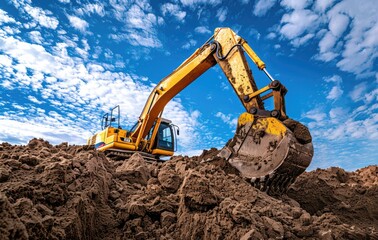 A yellow excavator digging the ground with dirt flying in blue sky with white clouds background.
