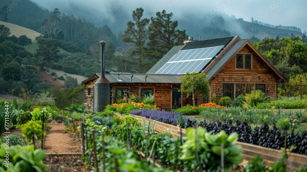 Poster A photo of a homestead with a solar water heater in the foreground and a flourishing garden in the background. The caption emphasizes . .