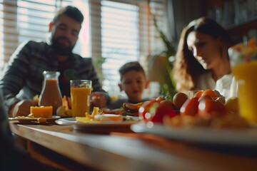 Una familia latina desayunando en la mañana. Fruta huevos y vasos con jugo en la mesa al fondo un niño pequeño y sus padres. Alimentacion saludable - obrazy, fototapety, plakaty