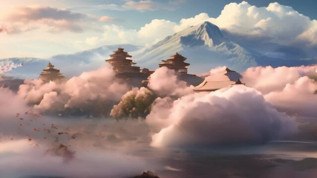 pagodas ascend into the heavens, shrouded in a sea of clouds against a dramatic mountainous backdrop