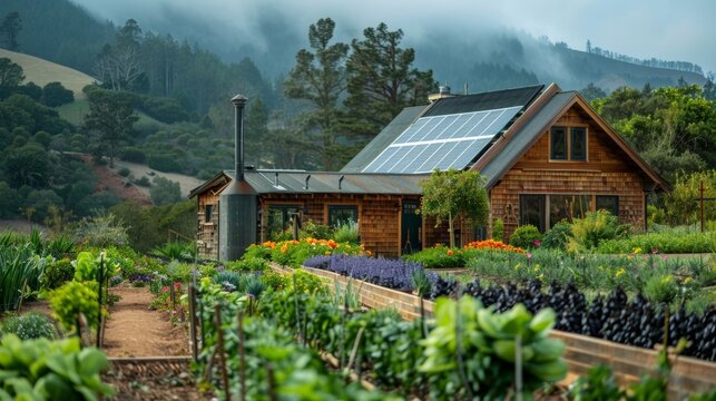 A photo of a homestead with a solar water heater in the foreground and a flourishing garden in the background. The caption emphasizes . .
