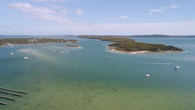 Beautiful Coffin Bay aerial with yachts and turquoise ocean, Eyre Peninsula, South Australia