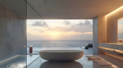 A modern and minimalist bathroom, floor-to-ceiling glass wall, modern bathtub, Ocean View Room, Sunny. For design, 3d render, decoration, lifestyle