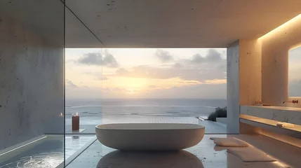 Poster A modern and minimalist bathroom, floor-to-ceiling glass wall, modern bathtub, Ocean View Room, Sunny. For design, 3d render, decoration, lifestyle © horizor