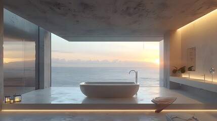 Fototapeta premium A modern and minimalist bathroom, floor-to-ceiling glass wall, modern bathtub, Ocean View Room, Sunny. For design, 3d render, decoration, lifestyle