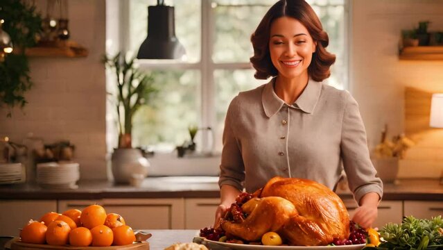 woman in a chic blouse presents a succulent roasted turkey in a sunlit kitchen, the table set with a harvest theme and a background of autumn oranges