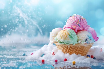 Ice cream cone surrounded by snow and candies