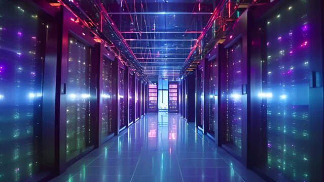 Super computer and quantum server rack in Data center control room. Generetive AI