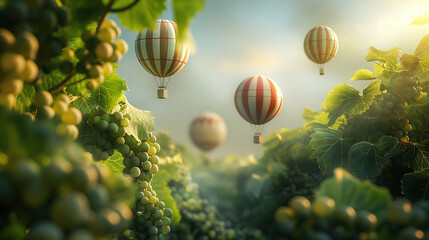 Enchanted Vineyard Balloons: A Whimsical Flight Among Grapes at Golden Hour