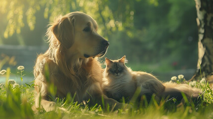 A Cute golden retriever dog and Persian cat sit side by side on natural green grass in a bright spring sunny background.