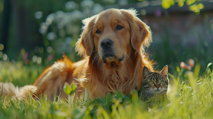 A Cute golden retriever dog and Persian cat sit side by side on natural green grass in a bright spring sunny background.