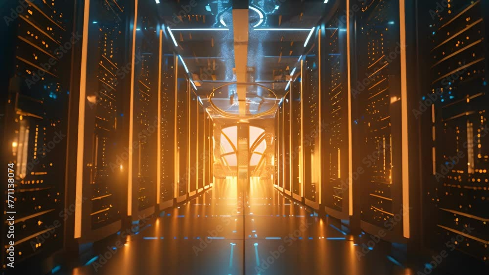 Poster super computer and quantum server rack in data center control room. generetive ai