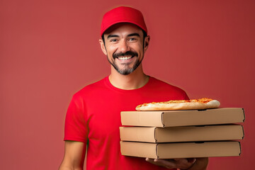 Delivery Man in Red Uniform Holding Pizzas, Smiling and Offering Great Service.