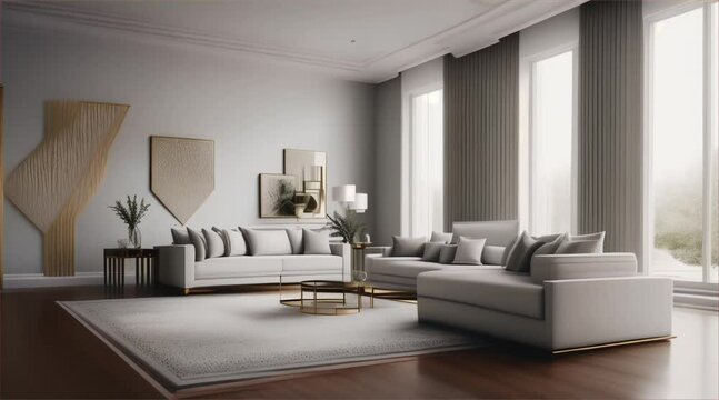 Modern living room interior with sofa and contemporary furniture in a comfortable home design and a window with plenty of natural light.