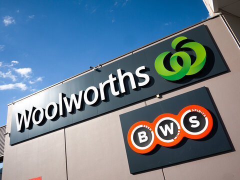 Melbourne, VIC Australia-May 7th 2019: Sign of Woolworths supermarket and BWS on building. BWS is an Australian retail chain of liquor stores owned by Woolworths Limited.