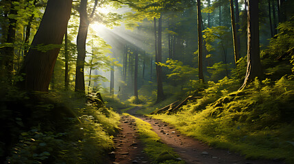 Footpath in a dense forest on a sunny day