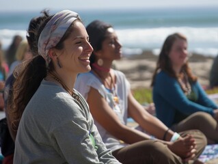 Beachside meditation retreat, Earth Day peace, ocean sounds, participants in harmony