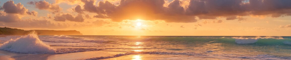 A beautiful beach scene with a sunrise or sunset over the ocean.