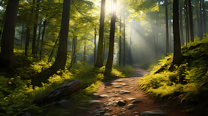 Footpath in a dense forest on a sunny day