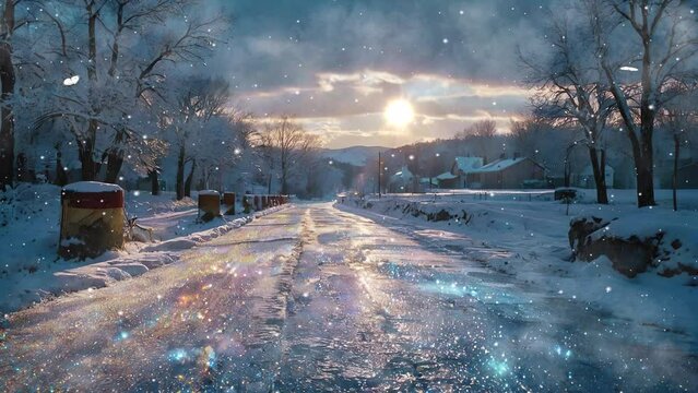 Witness the tranquil charm of a snow-covered asphalt road in winter through this enchanting 4k looping video.