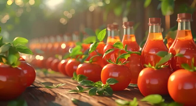 Ketchup bottles with tomato vines 3D perspective